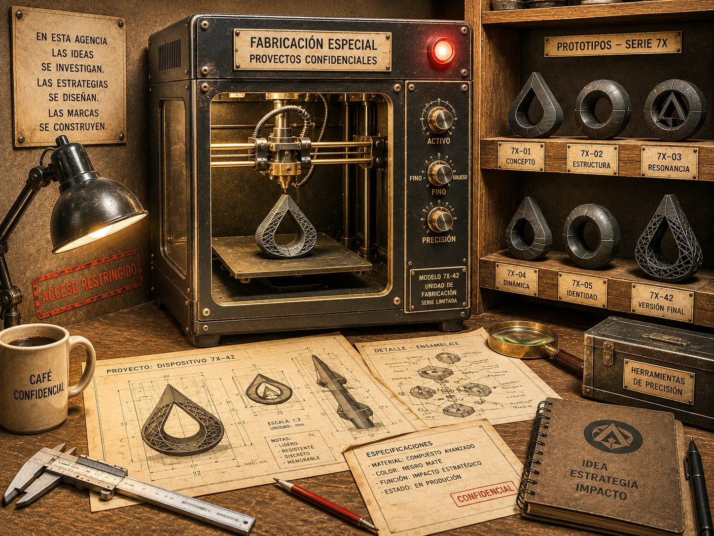 Impresión 3D para marcas: taller de fabricación con la impresora imprimiendo un prototipo y la estantería de piezas de la serie 7X